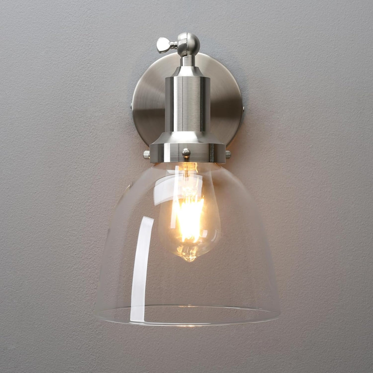 PERMO Industrial Vintage Slope Pole Wall Mount Single Sconce with 6.7" Oval Dome Clear Glass Shade Wall Sconce Light Lamp Fixture (Brushed Nickel)
