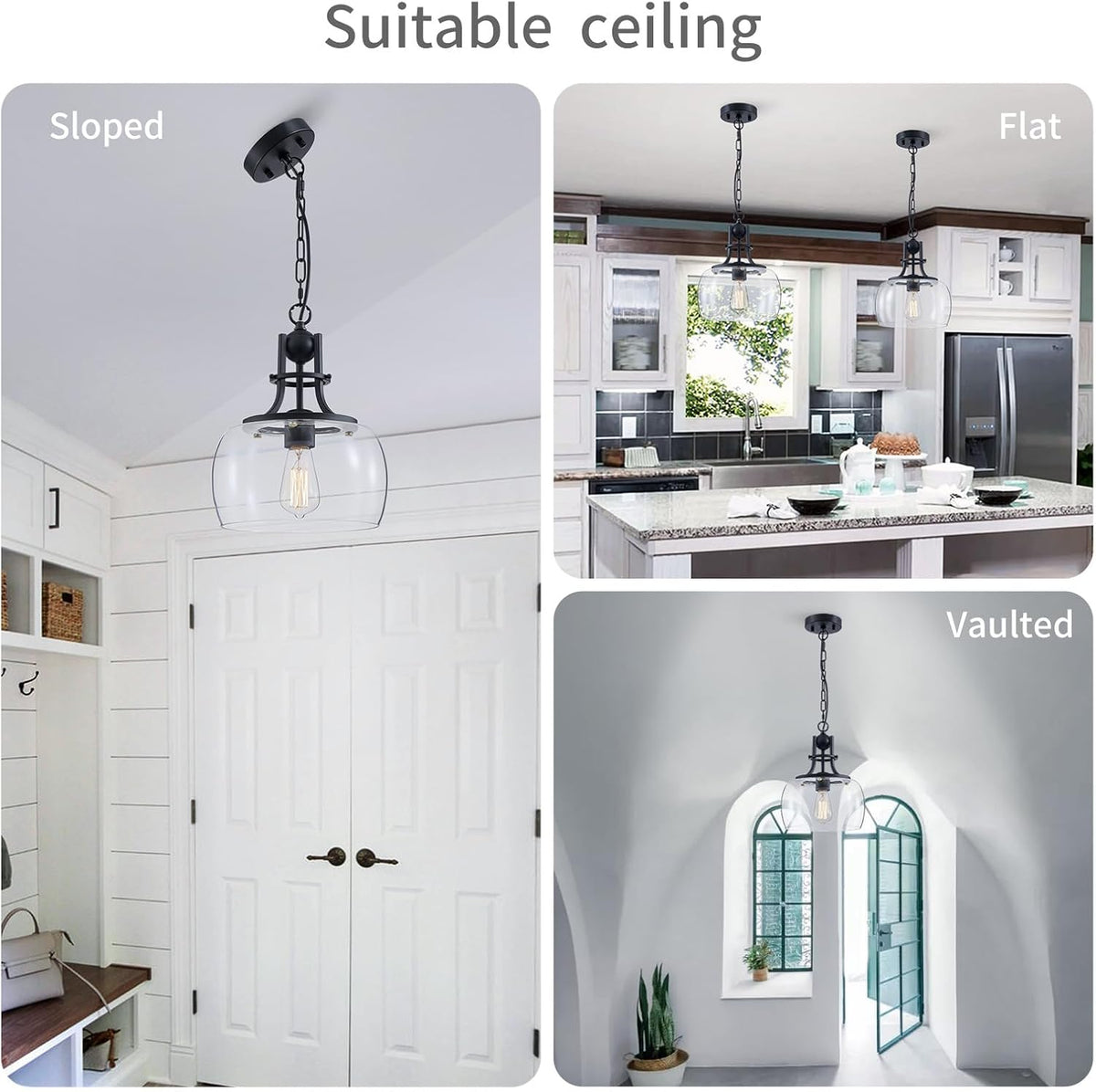 WUZUPS Chandelier Rustic Farmhouse Industrial Round Ceiling Pendant LED Light Fixture with Clear Glass Shades for Dining Room Kitchen Island Foyer Entryway, H 13" x W 10", E26 Base, Black