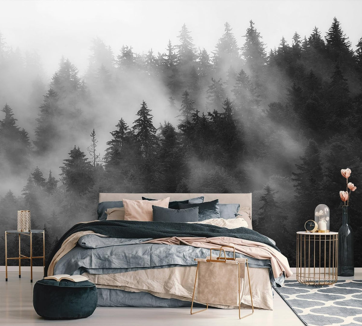 AFZEVEB-Dark Misty Forest Wallpaper Wall murals for Bedroom 159"x107" (Not Peel and Stick)