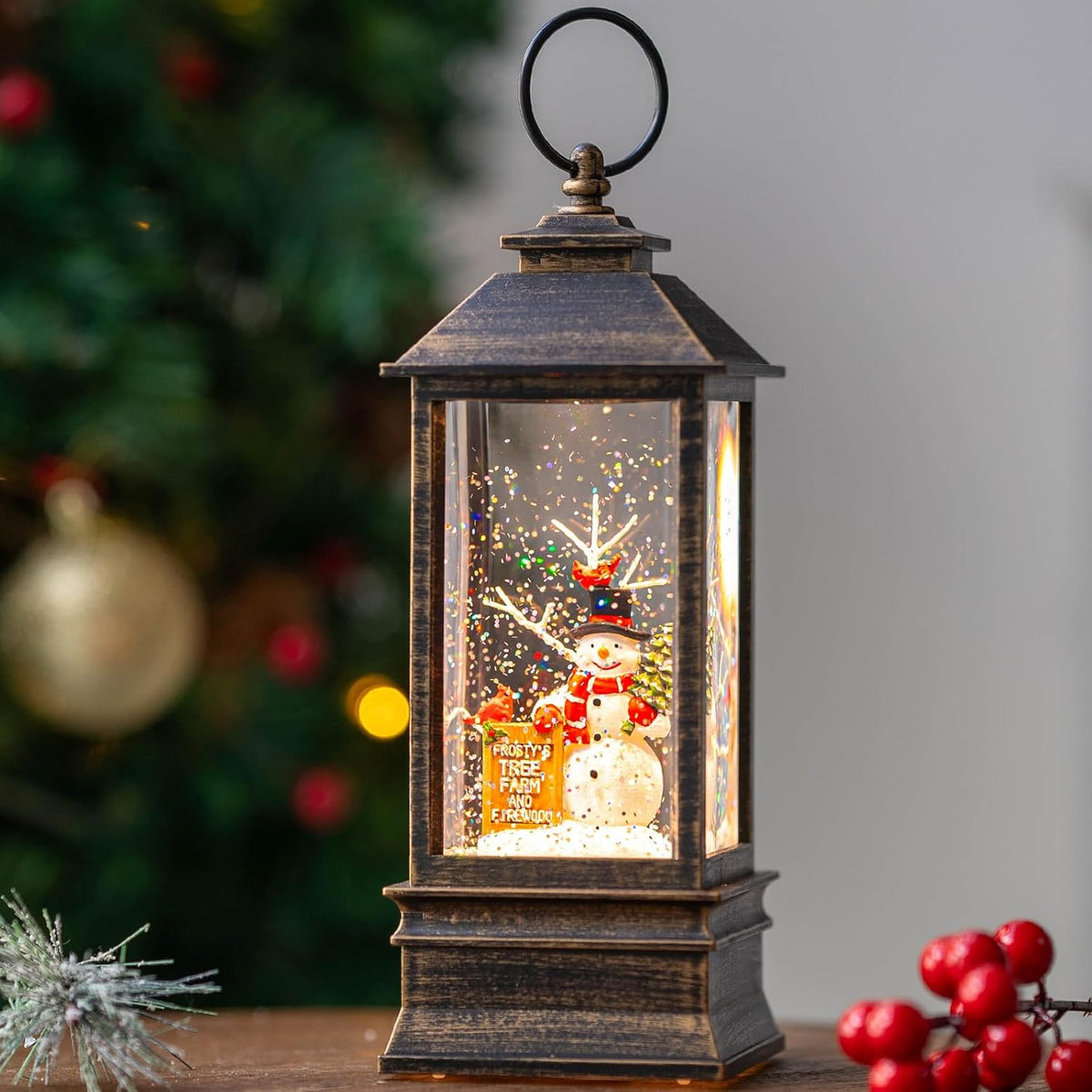 Christmas Snow Globe Water Glittering Farm Snowman with Music & Timer, USB Lined/Battery Operated Lighted Lantern for Christmas Festival Decoration Gifts