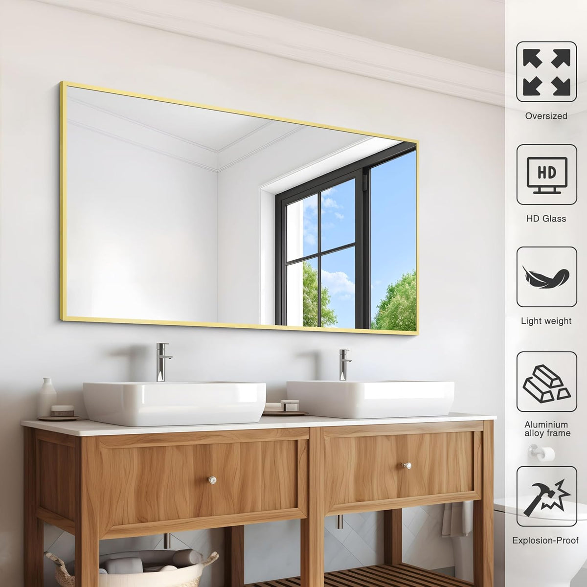 Gold Bathroom Mirror for Wall, 30x48 Inch Rectangle Mirrors with Metal Frame, Modern Vanity Wall Mirror Decor for Bathroom Living Room, Entryway Hangs Horizontal or Vertical