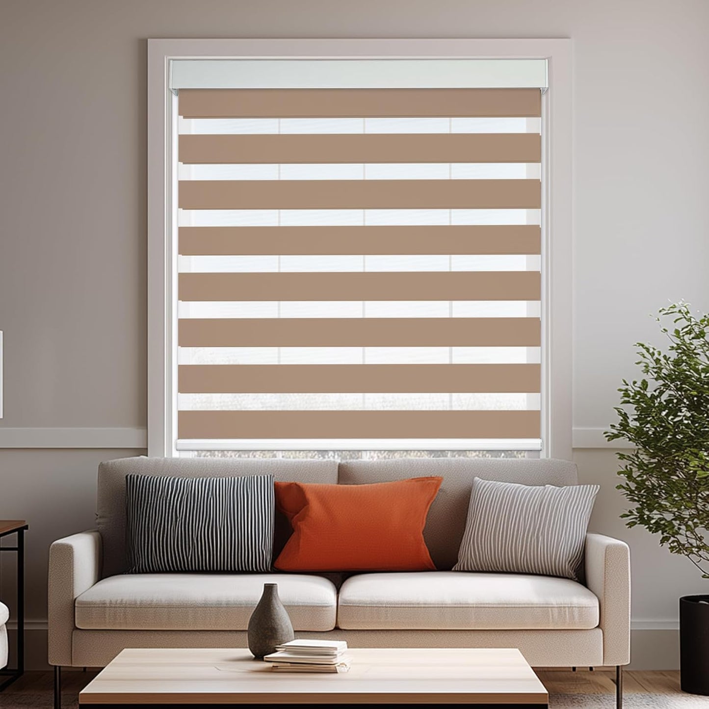 HESTIA Cordless Zebra Blinds Light Filtering Roller Shades UV Blocking Blackout Privacy Indoor Window Blind for Home Office Day and Night, Beige,48" W x 48" H