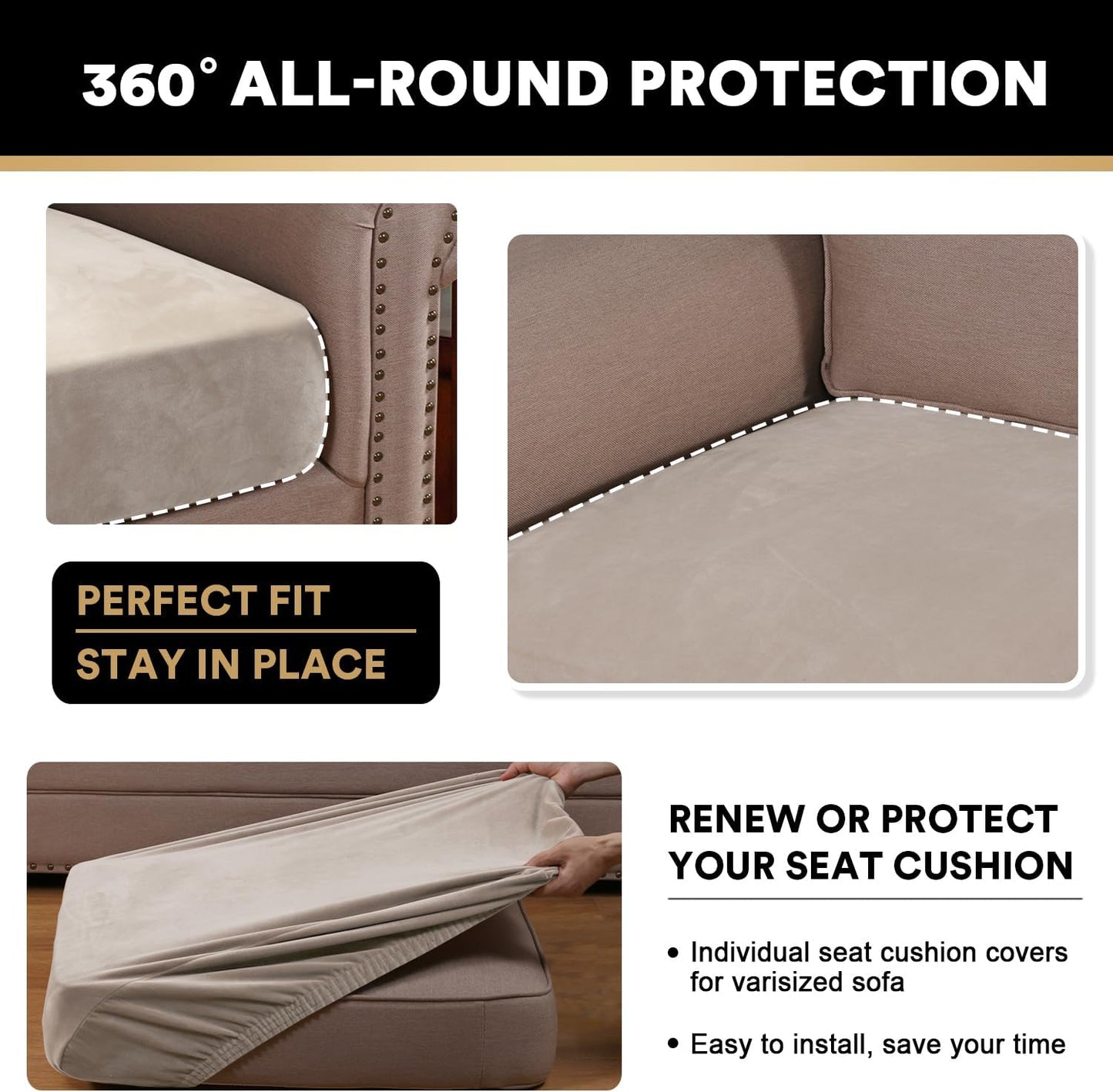 PrinceDeco Stretch Velvet Couch Cushion Cover,Soft Fitted Cushion Slipcover for Arm Chair Sofa Cushion Furniture Protector Seat Cushion Sofa Cover Width Up to 29.5", Oatmeal