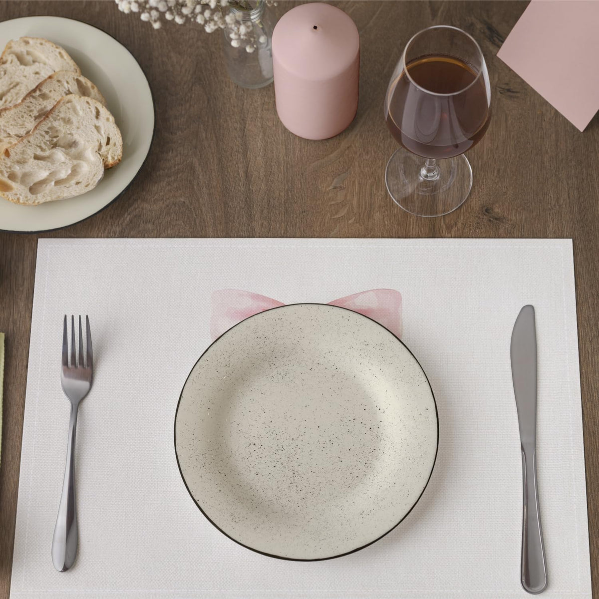 Pink Bow Placemats Set of 4, Table Mat for Home Kitchen, Restaurants, Outdoor Linen Washable Place Mats 12x18 inch Party Event Dining Decoration-05