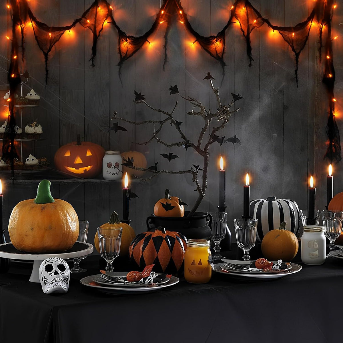 Halloween Horror Atmosphere Lights, Orange&Purple LED String Lights with 9.9FT Creepy Black Gauze, Battery Powered with Timer & 8 Flashing Modes (2 Pack Orange)