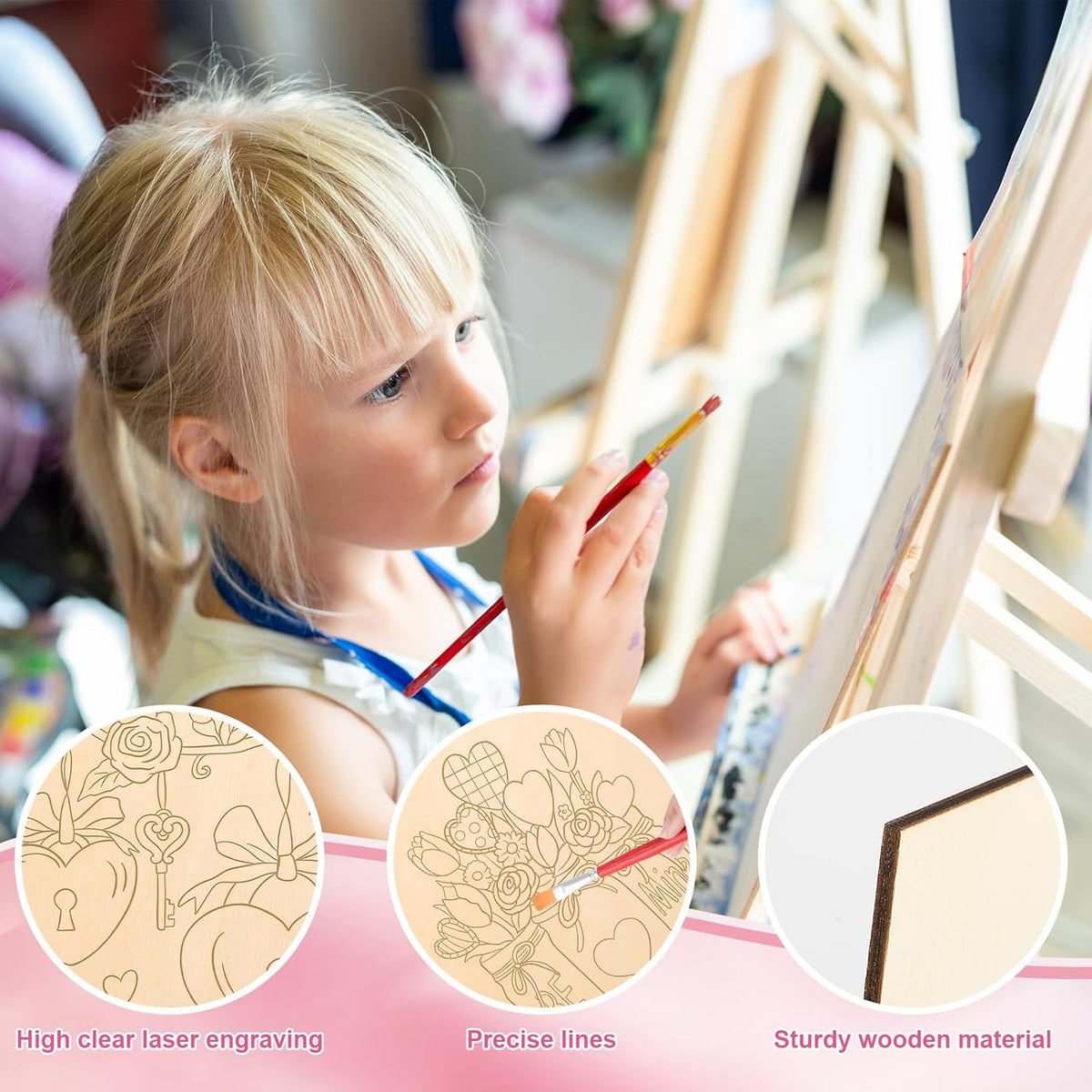 COCHIE 10 Pieces Large Valentines Day Unfinished Wood Crafts to Paint for Kids Adults, Bulk Predrilled Wooden Ornaments for Painting, Heart Pattern Paintable Wood Slices Craft Supplies with Ropes