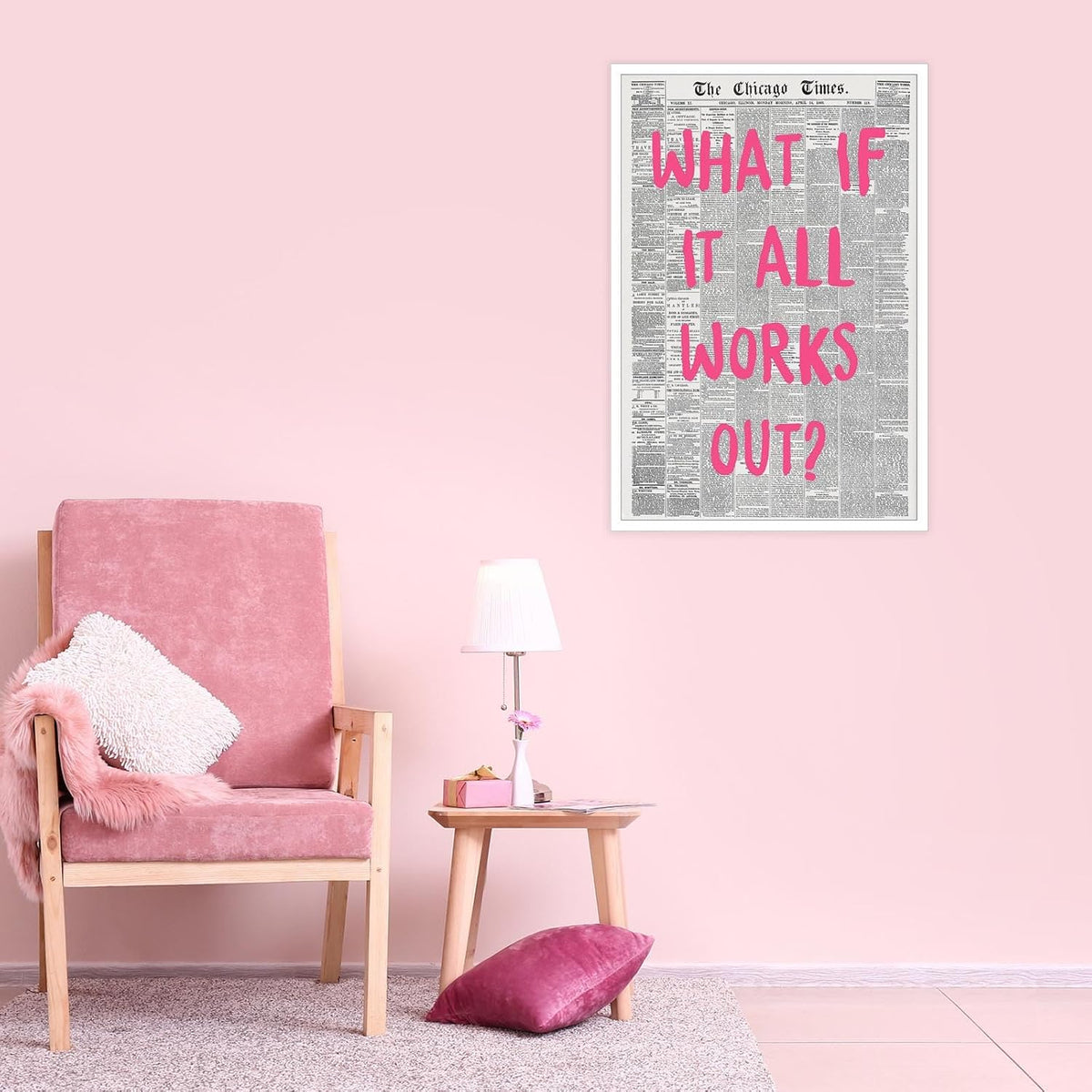 Liyark Retro Trendy Newspaper Canvas Wall Art - 'What If All Works Out' Positive Affirmation Quote - Pink Font - Minimalist Home Decor - 12x16in Unframed