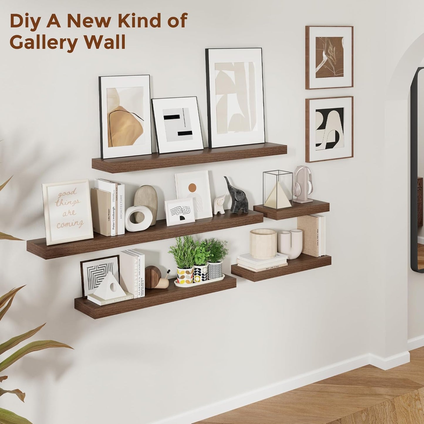 Heimlove 48 Inch Floating Shelves for Wall 8 Inch Deep Walnut Shelves Set of 2,Wall Mounted Rustic Wood Long Floating Shelf，Large Display & Storage Shelf with Invisible Brackets