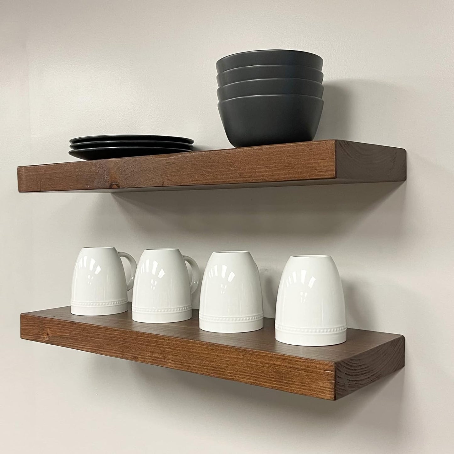URBANDI, Rustic Floating Shelves, Set of 2, Hidden Bracket, Solid Wood, Heavy Duty, Wall Mounted Shelves, (Provincial, 12Wx8D)