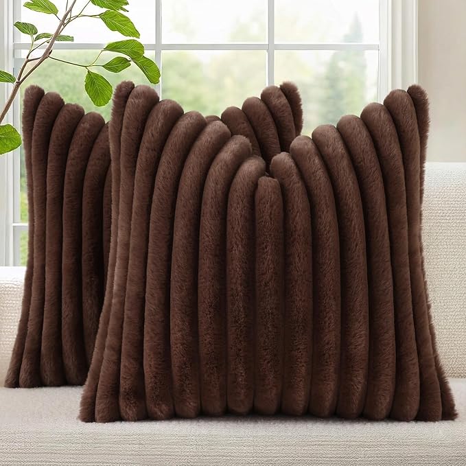 decorUhome Fall Faux Fur Throw Pillow Covers 26x26 Set of 2 Dark Brown | by decorUhome