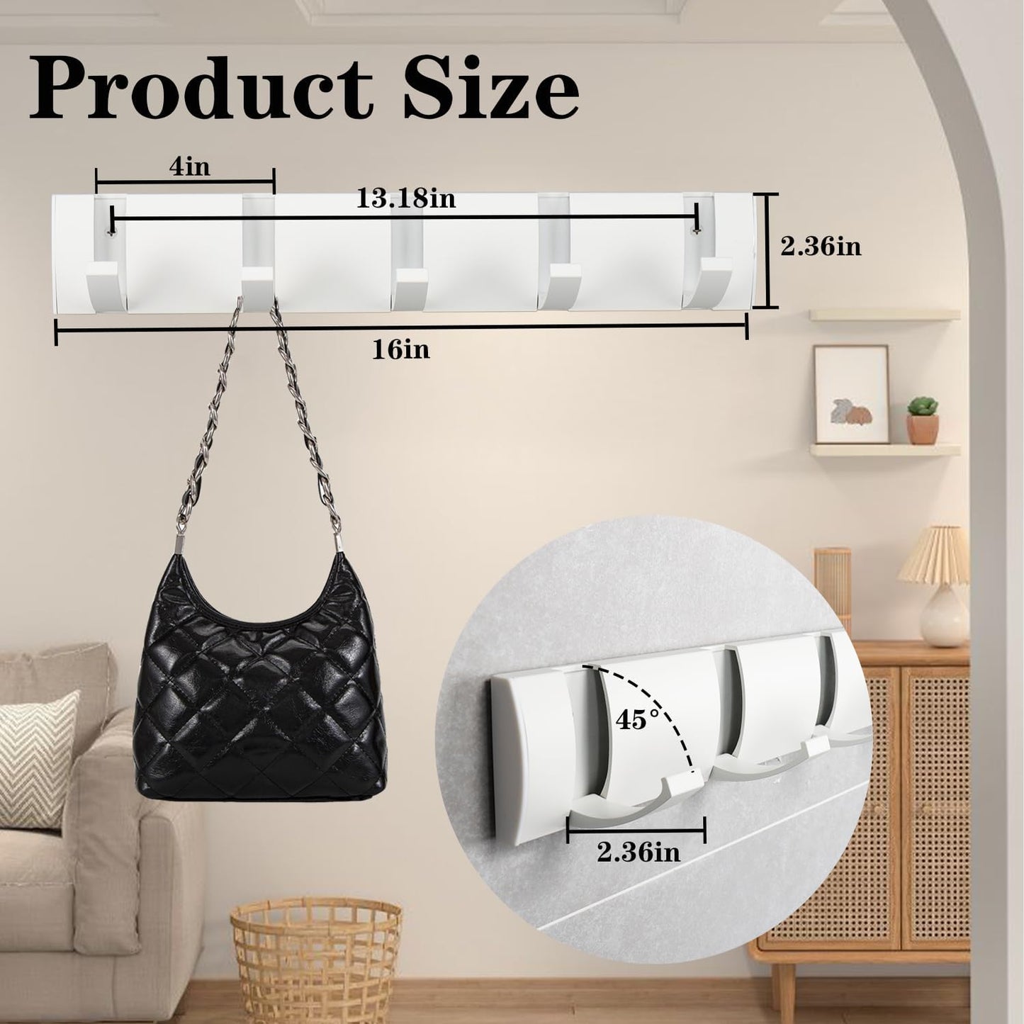 Folding Coat Hooks, Wall Mounted Coat Rack with 5 Retractable Hooks, Heavy Duty Towel Rack for Bathroom Wall Hook for Hanging Clothes Bathrobe, Stainless Steel Coat Hanger for Entryway(White)
