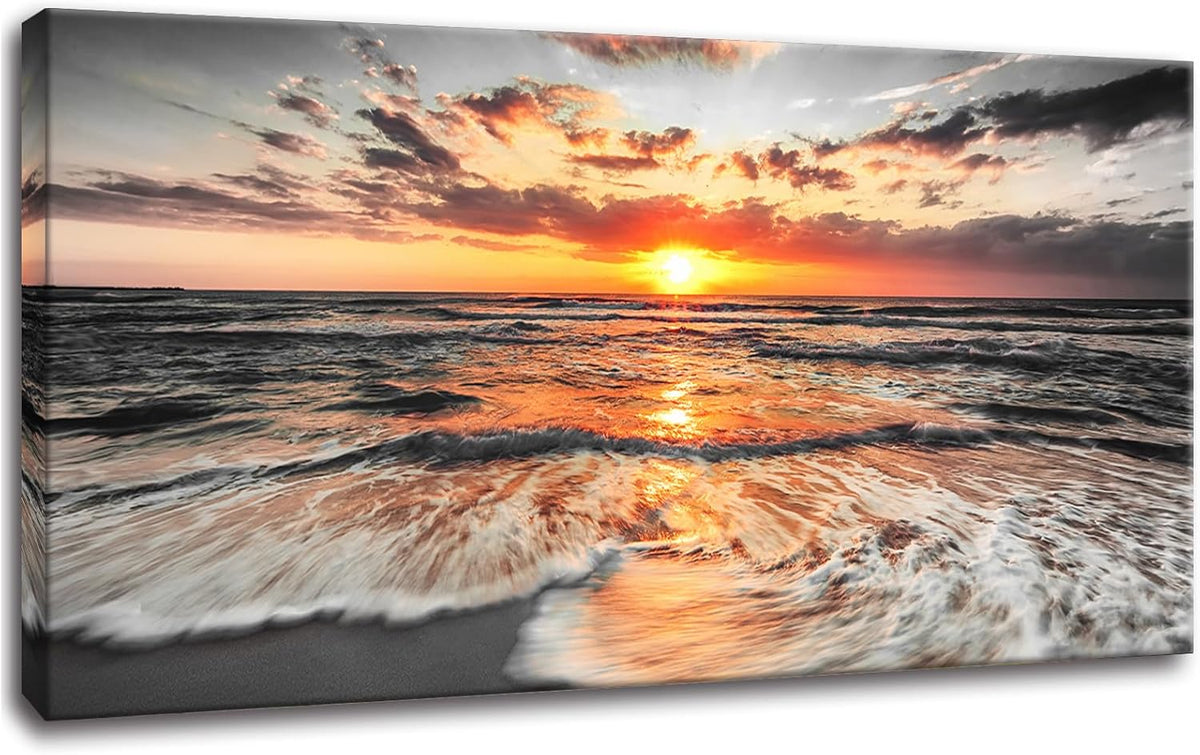 Yxbhhym-Large Pictures for Living Room Wall Decor Beach Wall Art Black and White Ocean Room Decor Sunset Canvas Prints Art Seascape Prints Poster Painting for Bedroom Wall Art Home Office Decoration