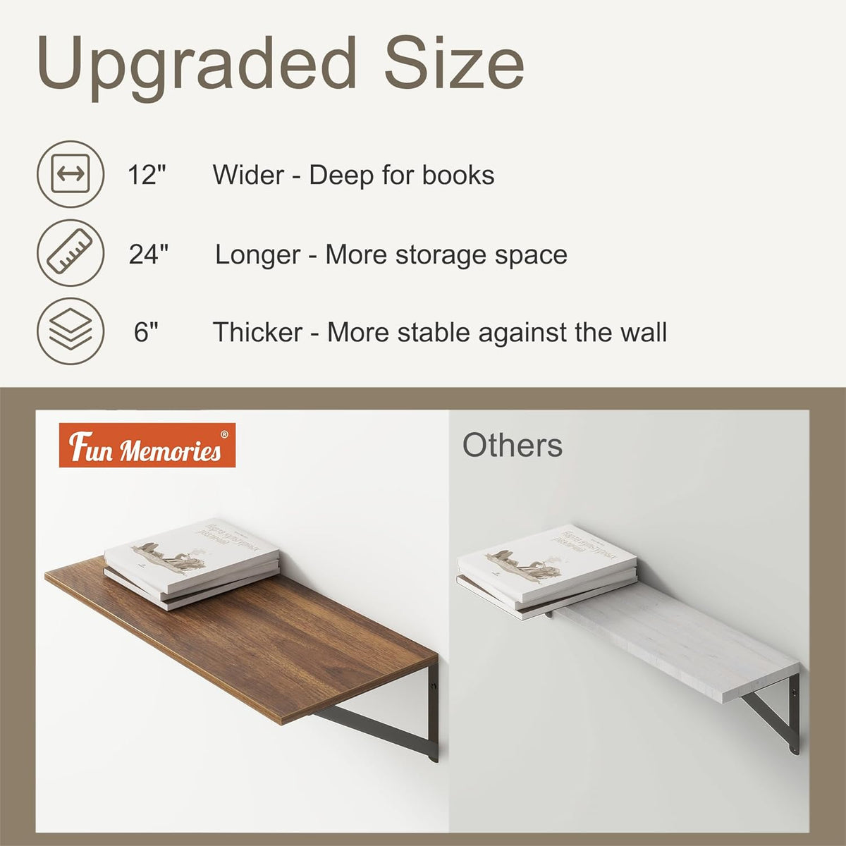 Deep Floating Shelves, 12 Inch Deep Floating Shelves for Wall, 24"W x 12"D Wall Shelves for Books, Large Rustic Wooden Shelf, Wide Display Shelf for Bathroom, Living Room, Walnut Color, Set of 2