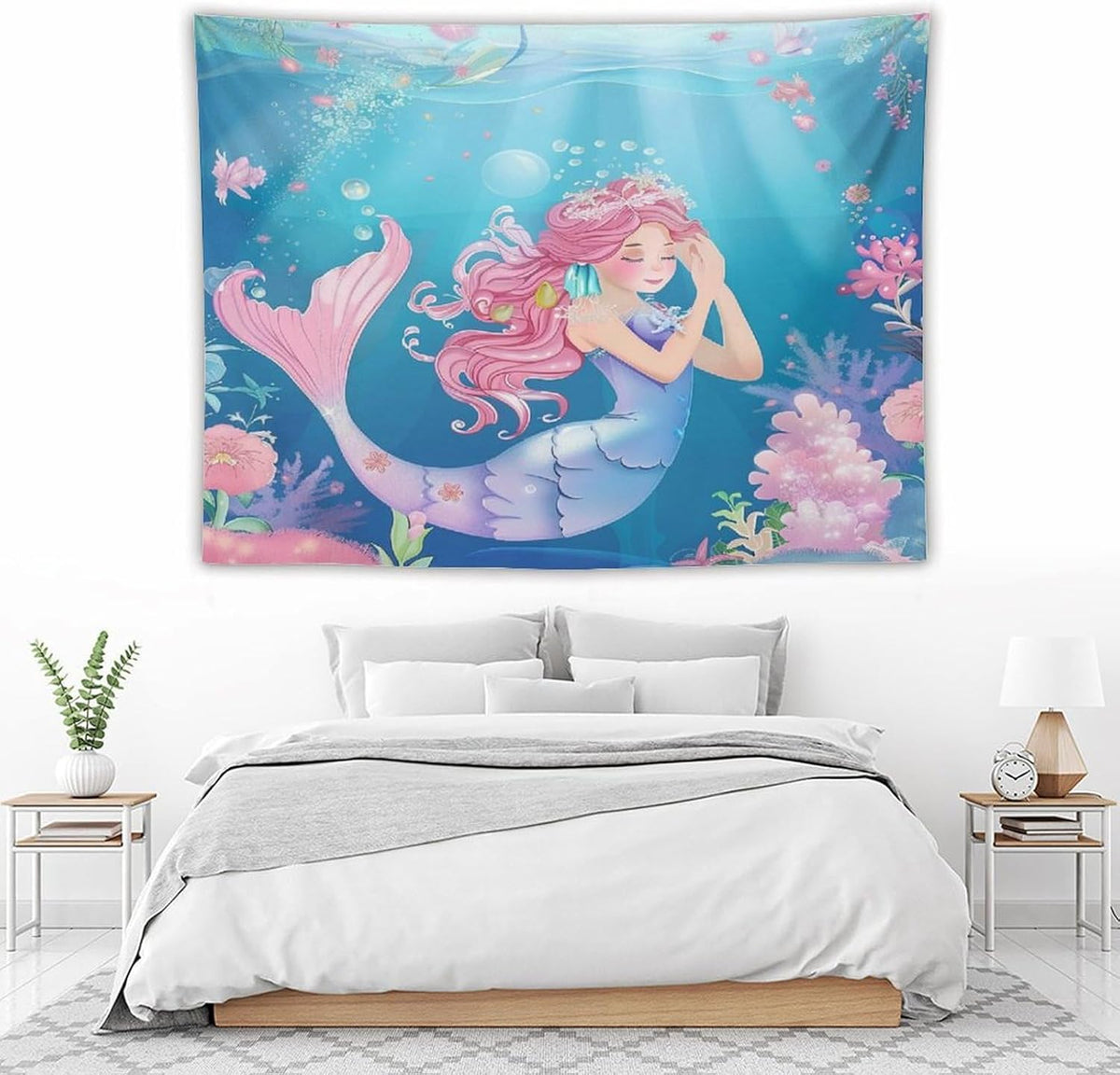 HZOHNAGO Mermaid Girls Tapestry Watercolor Flowers Mermaid Princess Blessing Pattern for Kids Room Decoration Printed Wall Tapestry Wall Hanging for Bedroom Living Room Dorm 80" W x 60" H
