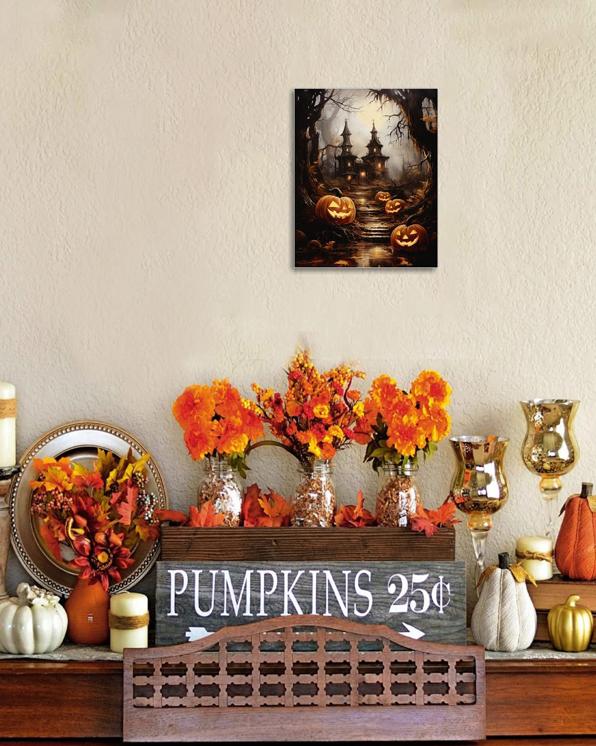 AbcCustomize Halloween Canvas Wall Art - Spooky Haunted House & Eerie Pumpkins Poster, Gothic Fall Decorations for Home, Vintage Halloween Decor Indoor for Living Room, Bedroom & Party