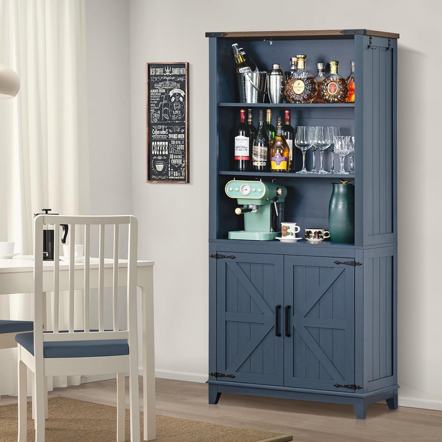 70in Tall Bookshelf 5 Tier Bookcase with Barn Doors and Adjustable Shelves, Blue Farmhouse Book Shelf with Storage Cabinet, Wood Freestanding Display Bookshelves for Bedroom, Living Room