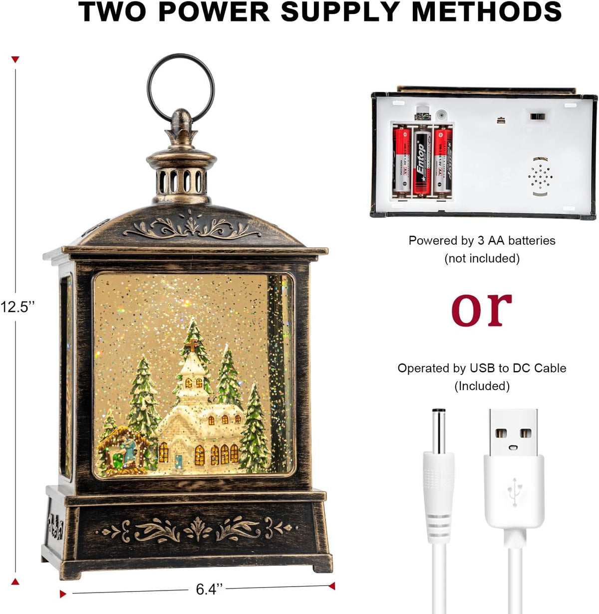 Christmas Snow Globe Lantern Water Glittering Churche & Manger Scene with Music & Timer, USB Lined/Battery Operated Lighted Lantern for Christmas Festival Decoration Gifts