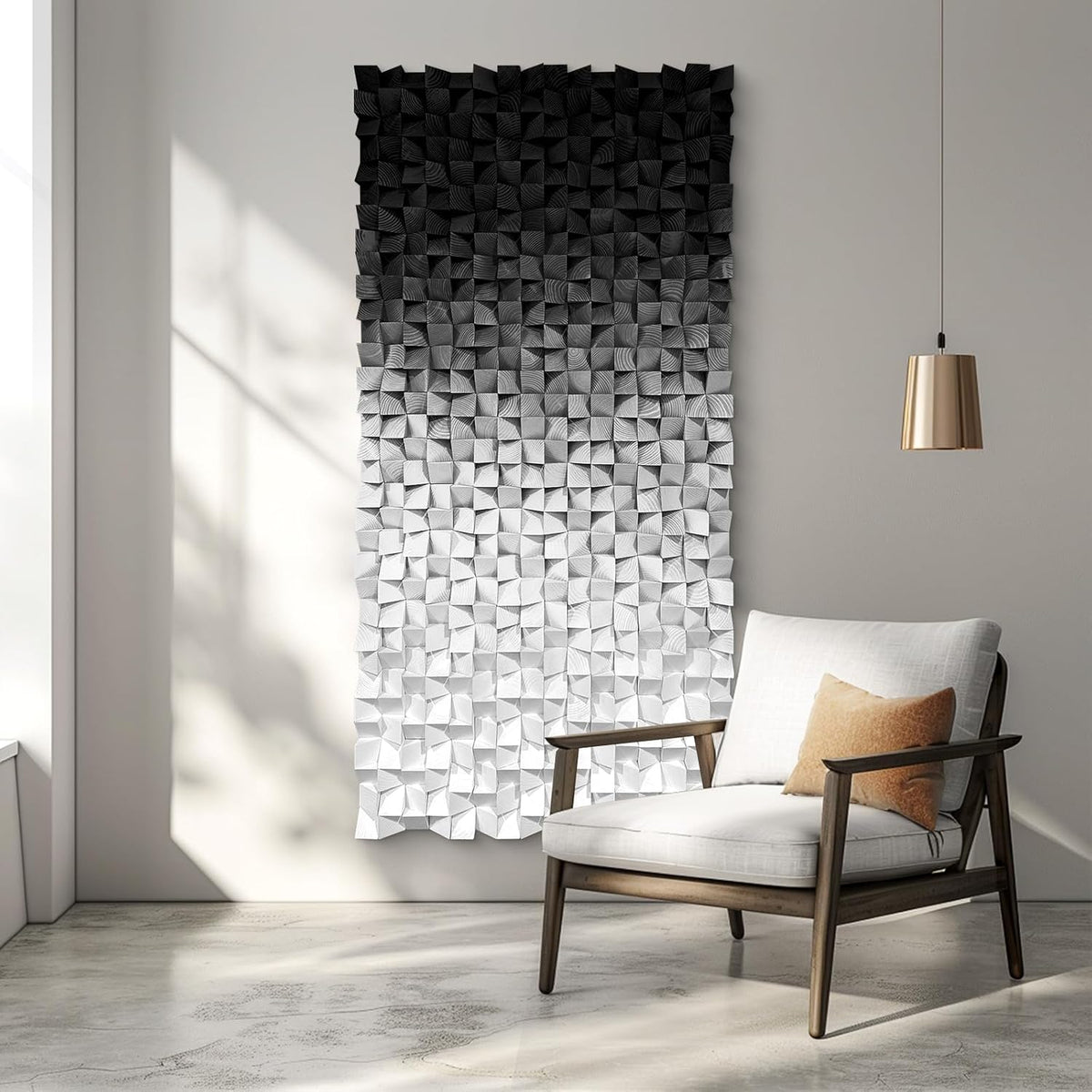 LIUZEYUE - Wooden Block Stereoscopic Painting Geometric Modeling Wall Decoration 3D Wooden Artwork Living Room Bedroom Background Wall Office Decoration Black and White Gradient 35.4"x70.8"
