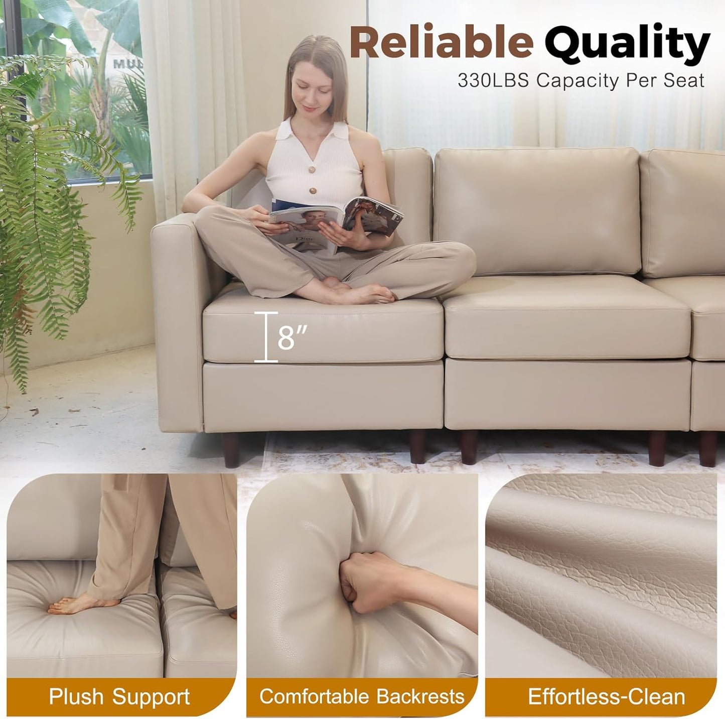 118.5" Faux Leather Modular Sectional Sofa, U Shaped Couch Set for Living Room, Large 8-Seater Comfy Cloud Couches with Storage Seat DIY Combination - Whitesand