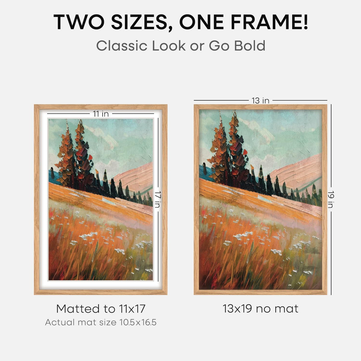 Homeforia 13x19 Picture Frame Wood, High End Natural Oak 13x19 Light Wooden Poster Frame with Mat 11x17, 13 x 19 Frames Matted to 11 x 17 Photo, 19x13 Hanging Frame, Tempered Glass, Wall Kit, Set of 1