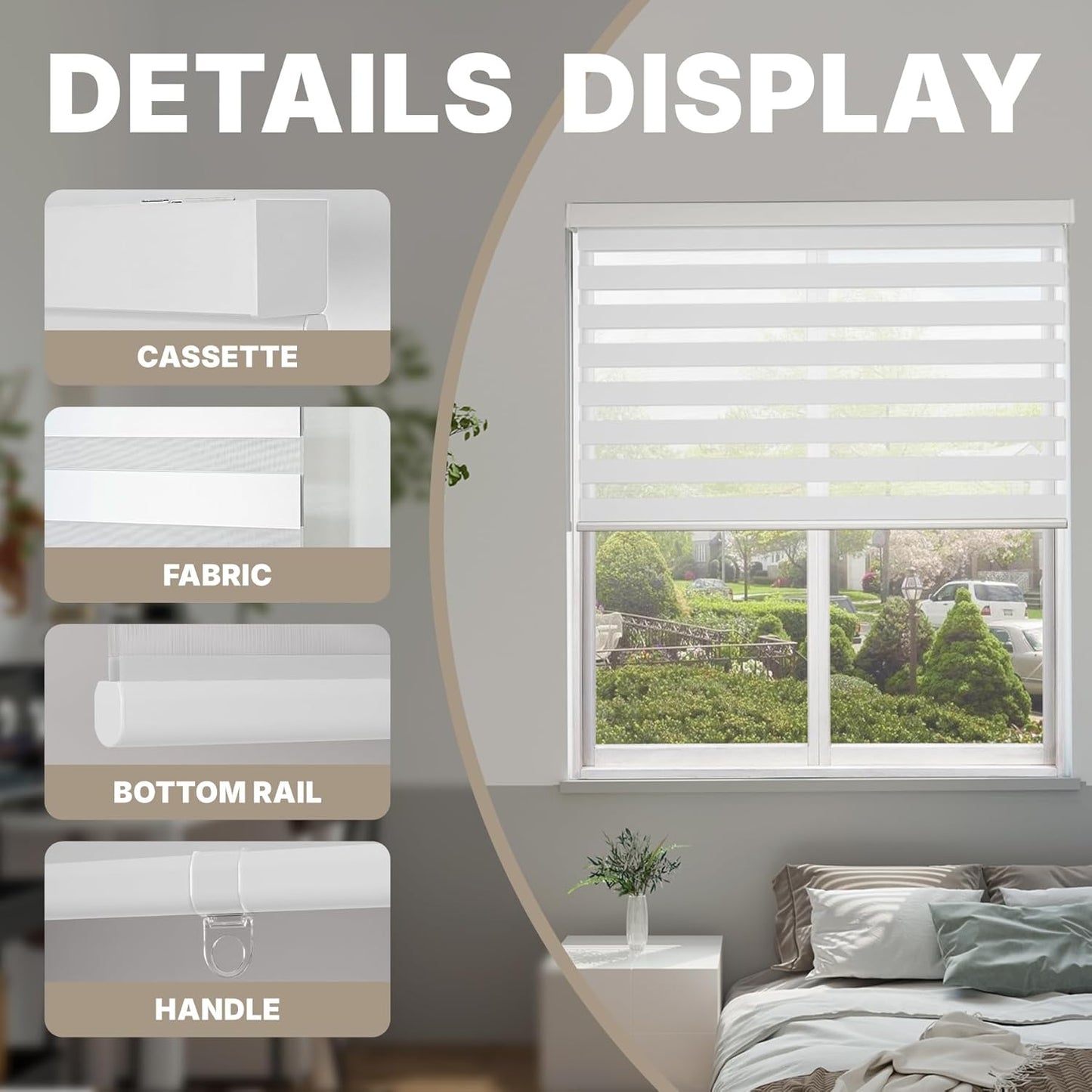 HESTIA Cordless Zebra Blinds Light Filtering Roller Shades Blackout Indoor Window Blind for Home Office,White,42" W x 48" H