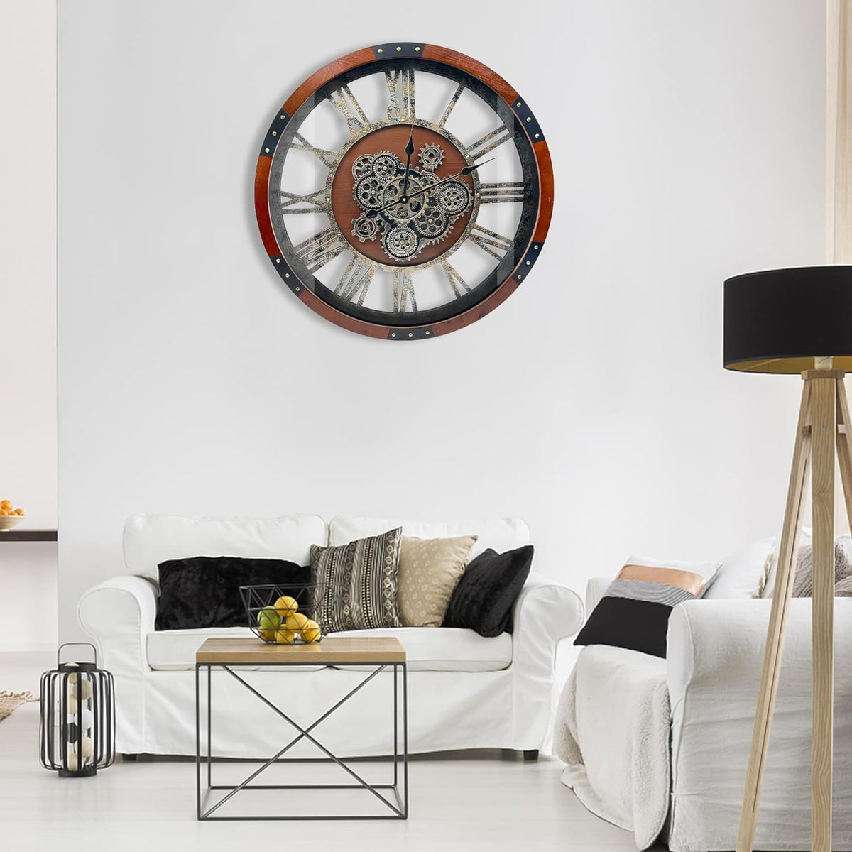 DORBOKER 24" Original Moving Gears Wall Clock, Large Industrial Wall Clock for Living Room Decor,Oversized Wood Vintage Farmhouse Steampunk Rustic Clocks for Wall Decor,Black Walnut