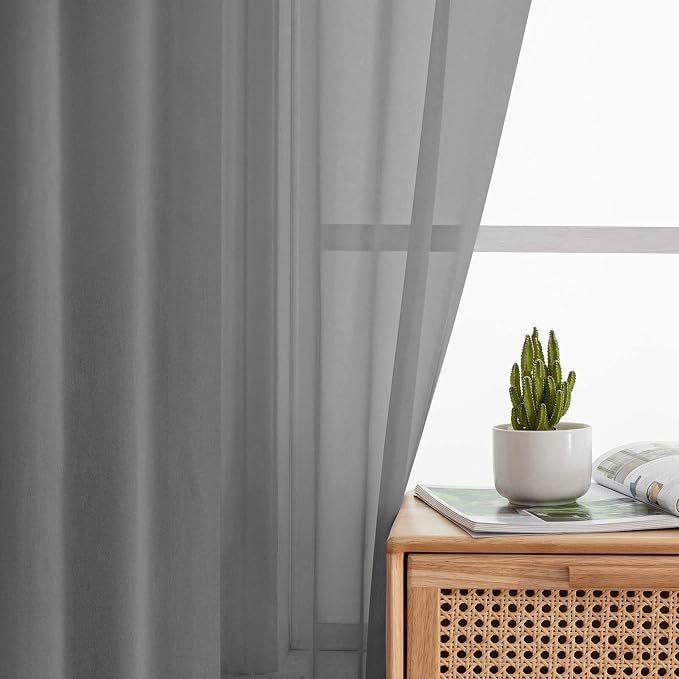Sheer Grey Curtains for Bedroom Living Room 90 Inches Long 2 Panels Set - Image 3