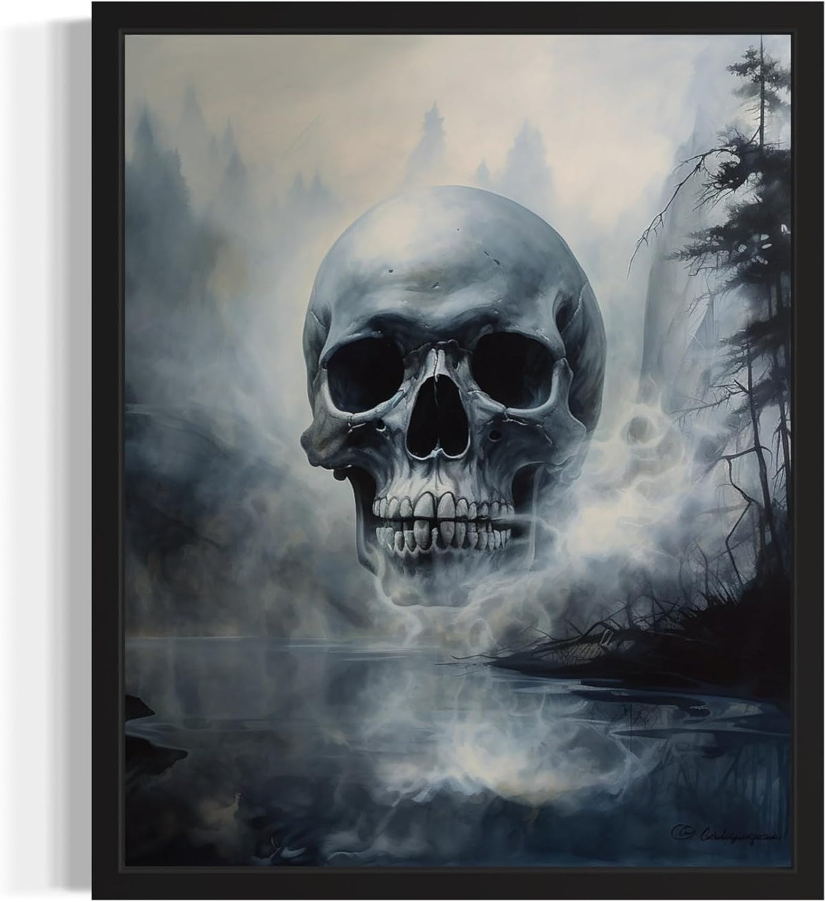 Foggy Skull Poster Art Print, Halloween Scary Vintage Wall Art Academia Spooky Painting Decoration for Horror Prints, Gothic Posters Bedroom Decor 89 (Foggy Skull, 16 x 20 inches, Black Frame)