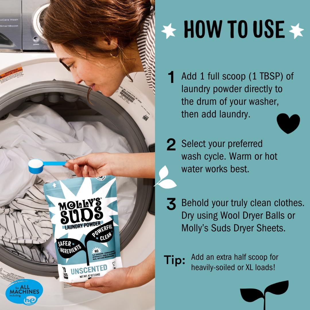 Molly's Suds Original Laundry Detergent Powder | Clean Laundry Detergent Powder for Sensitive Skin | Simple, Effective Ingredients, Stain Fighting | 240 Loads (Unscented)