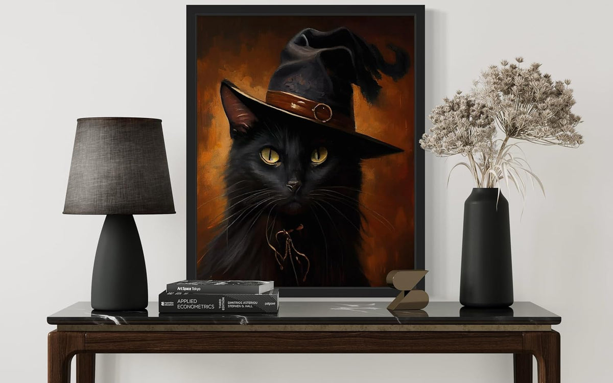 Witch Cat Poster Art Print, Halloween Scary Vintage Wall Art Academia Spooky Painting Decoration for Horror Prints, Gothic Posters Bedroom Decor 89 (Witch Cat, 16 x 20 inches, Unframed)