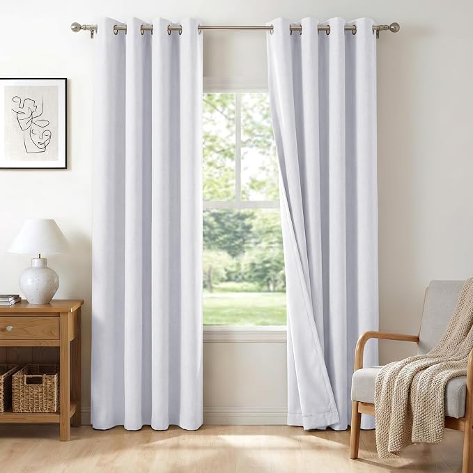 100% Blackout Linen Textured Curtains 84 Inch Long, Bright White | 100% by 100BlackoutShield