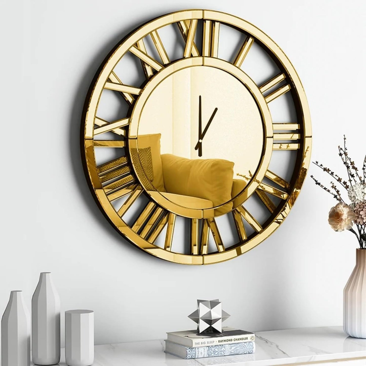 SHYFOY 18" Mirrored Wall Clock, Decorative Wall Clock with Roman Numerals, Living Room Wall Clocks, Kitchen Office Home Decor Battery Powered