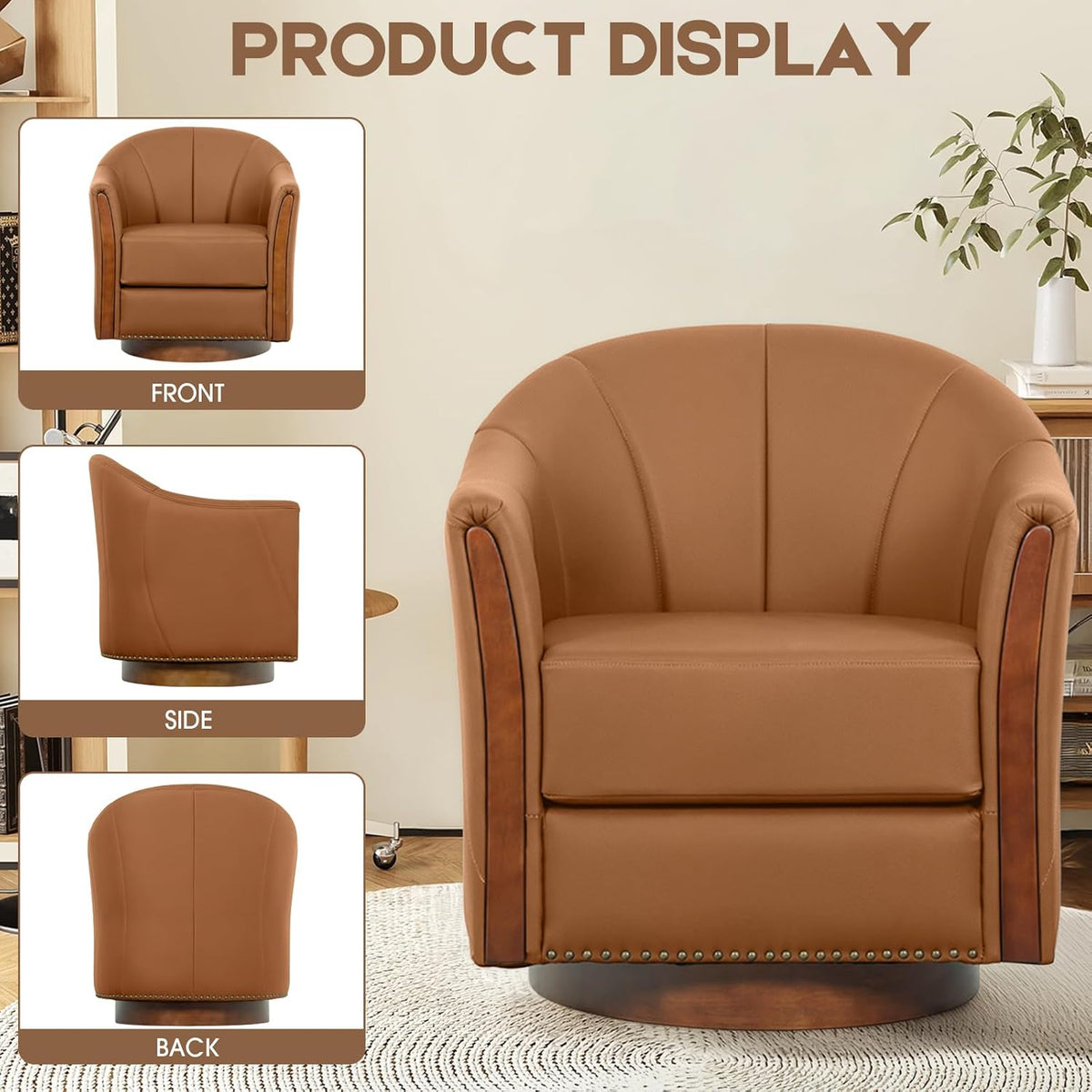 360° Swivel Accent Chair, Modern Leather Barrel Club Chair with Leather Upholstery and Sturdy Wood Base, Comfortable Armchair for Living Room, Bedroom, Reading Nook, Brown