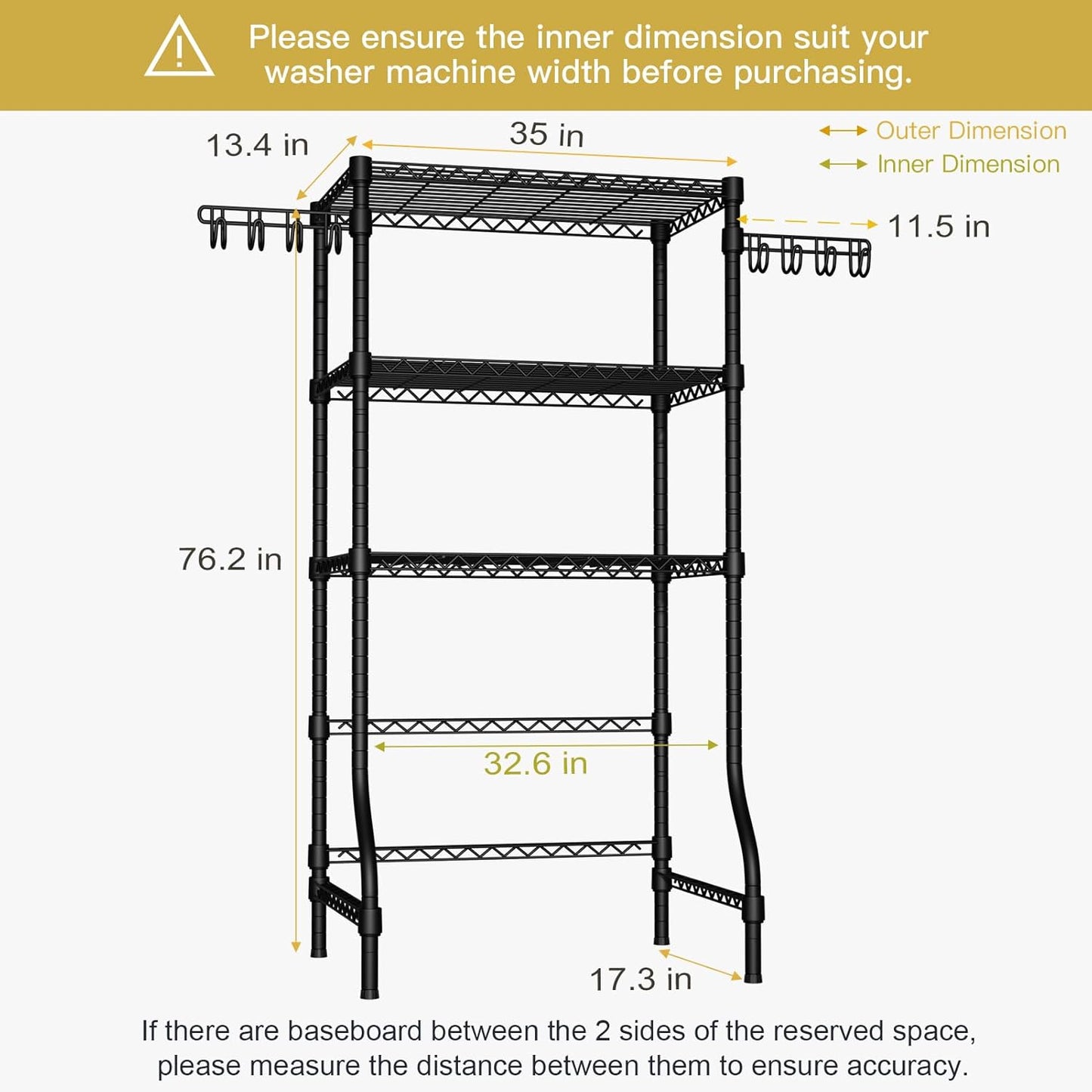 Ulif U8 Laundry Room Storage Organizer, Over The Washer and Dryer Storage Shelves for Laundry Organization, 35" W x 17.3" D x 76.2" H, Suit Washing Machine Width Within 32.6", Hold 304 lb, Black