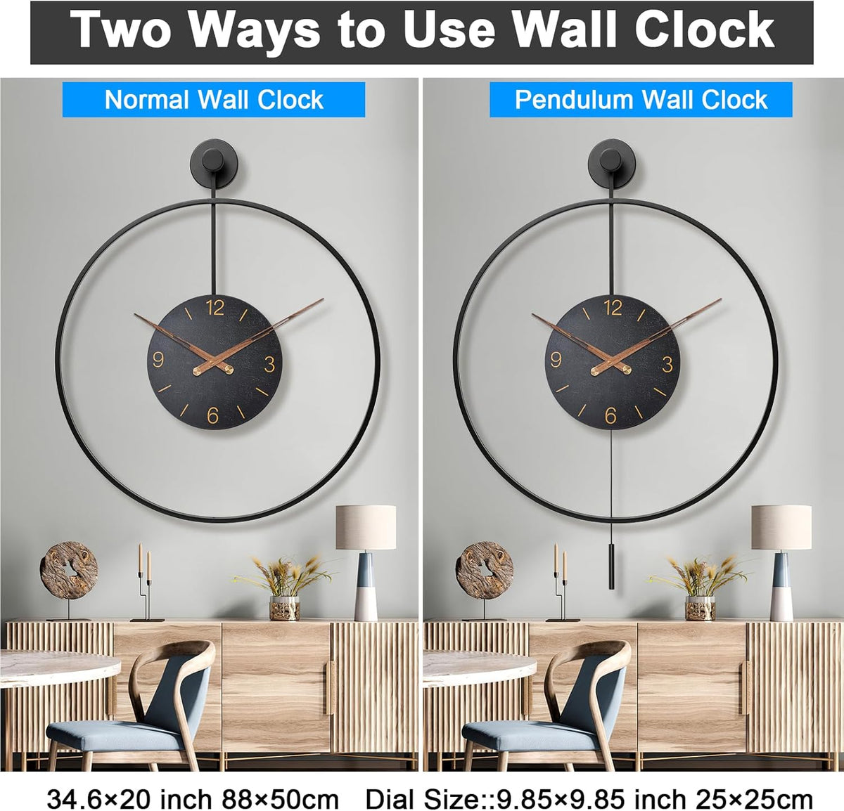 Large Modern Wall Clock,30.7× 20 Inch Big Metal Minimalist Arabic Numeral Dial,Decorative Farmhouse Pendulum Wall Clocks with Walnut Pointers forLiving Room Decor, Office,Dining Room