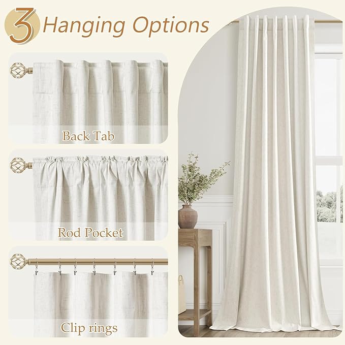 100% Blackout Linen Curtains for Bedroom 84 Inches Long Natural Cream Black Out - Image 6