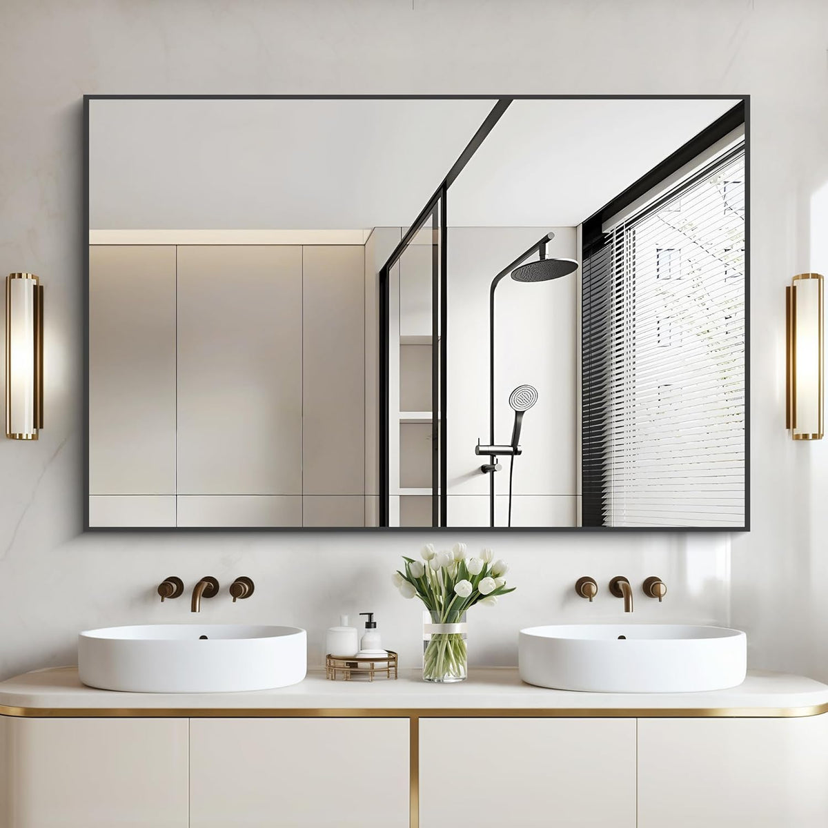 Bathroom Black Mirror, 36x55in Black Rectangle Mirror with Thin Metal Frame, Large Rectangular Wall Mirror for Bathroom, Living Room, Hair Salon, Big Farmhouse Mirror Hang Horizontal/Vertical