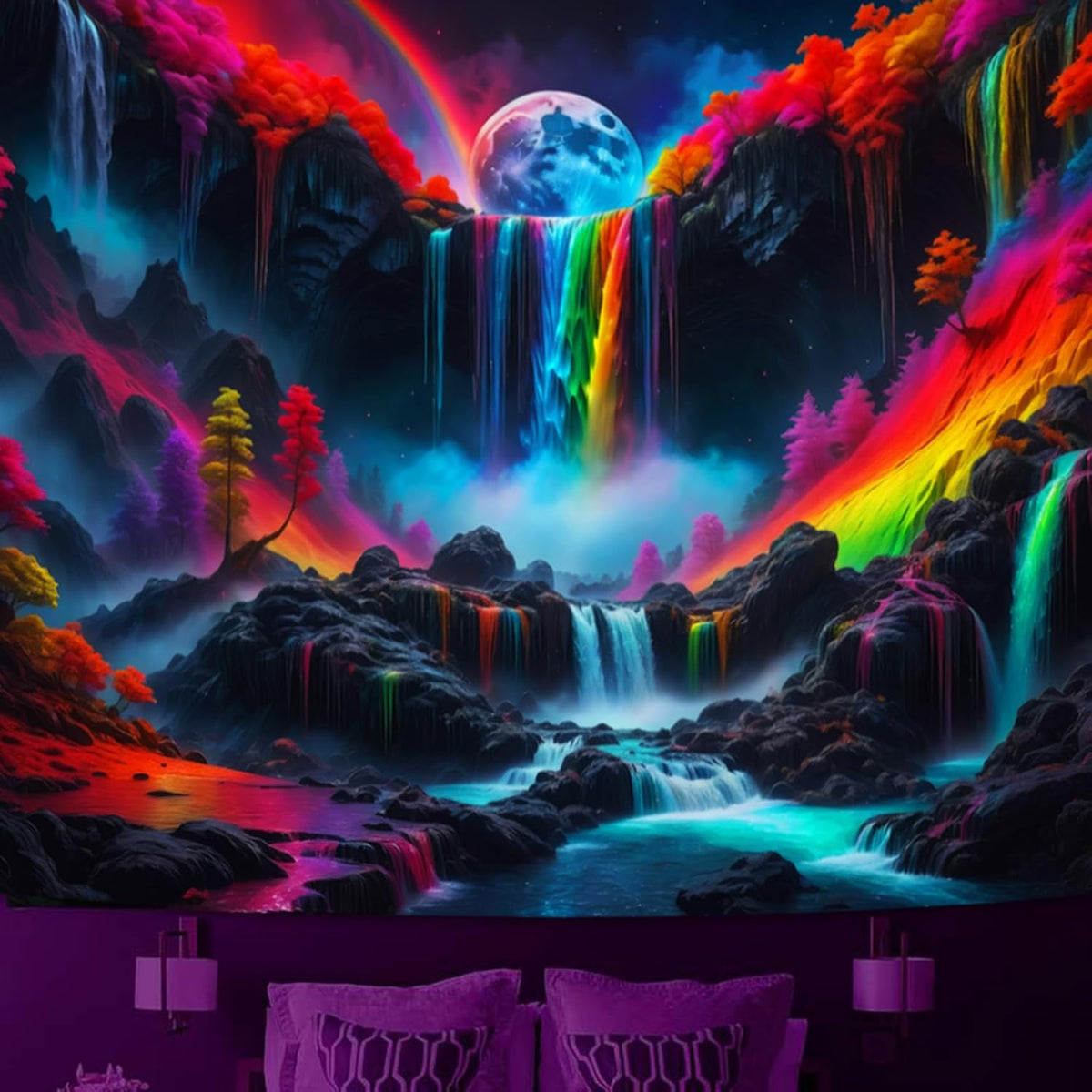 SparkLia Blacklight Waterfall Planet Tapestry, UV Reactive Glow in the Dark Fantasy Landscape Mountain Wave Neon Nature Wall Hanging Tapestries for Bedroom - 80 x 59 inches