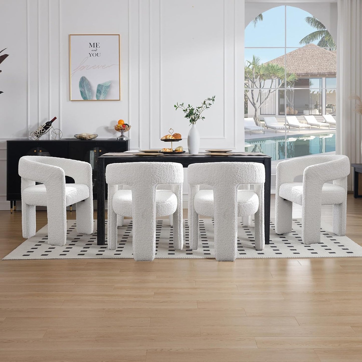 White Boucle Dining Chairs Set of 2, Modern Barrel Dining Room Chairs Upholstered Faux Fur Accent Chair with Arms and Round Back for Living Room Kitchen Armchair No Assembly Needed