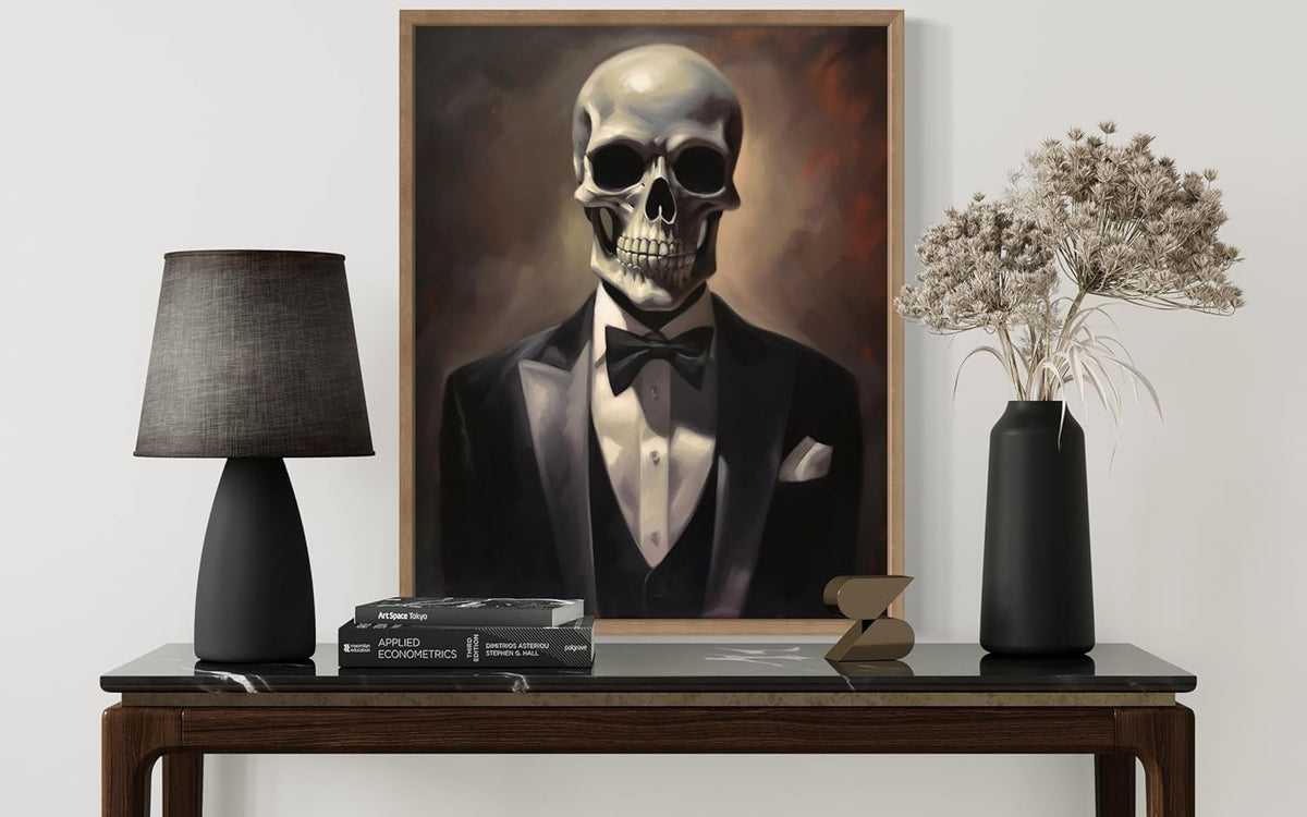 Skull Portrait Poster Art Print, Halloween Scary Vintage Wall Art Academia Spooky Painting Decoration for Horror Prints, Gothic Posters Bedroom Decor 89 (Skull Portrait, 16 x 20 inches, Wood Frame)
