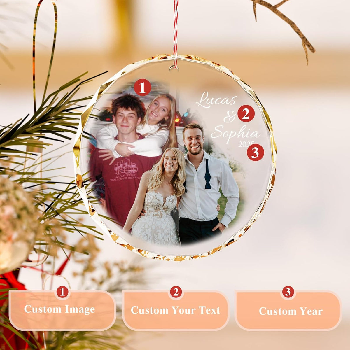 Bemaystar Personalized Christmas Ornament with 2 Photos - Then and Now Photos, Custom Ornaments with Text Date, Photo Ornament, Xmas Gifts for Couples, Married, Parents, Friends Kids Pet Grandparents