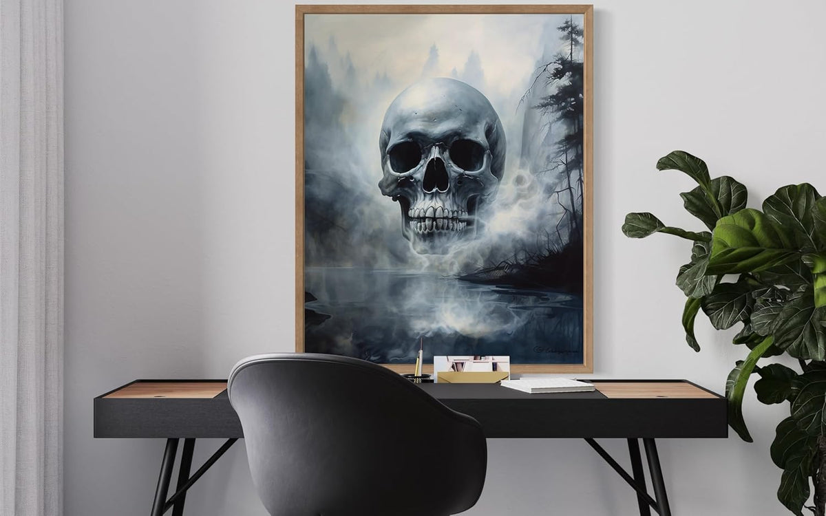 Foggy Skull Poster Art Print, Halloween Scary Vintage Wall Art Academia Spooky Painting Decoration for Horror Prints, Gothic Posters Bedroom Decor 89 (Foggy Skull, 8 x 10 inches, Wood Frame)