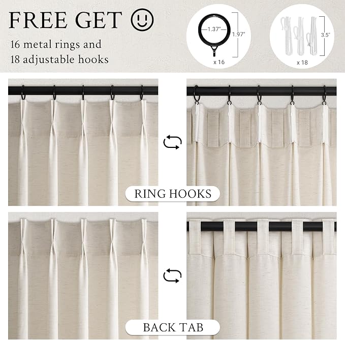 Topfinel 105 Inch Curtains 2 Panels Set, Two Packs Pinch Pleat Back Tab Linen - Image 6