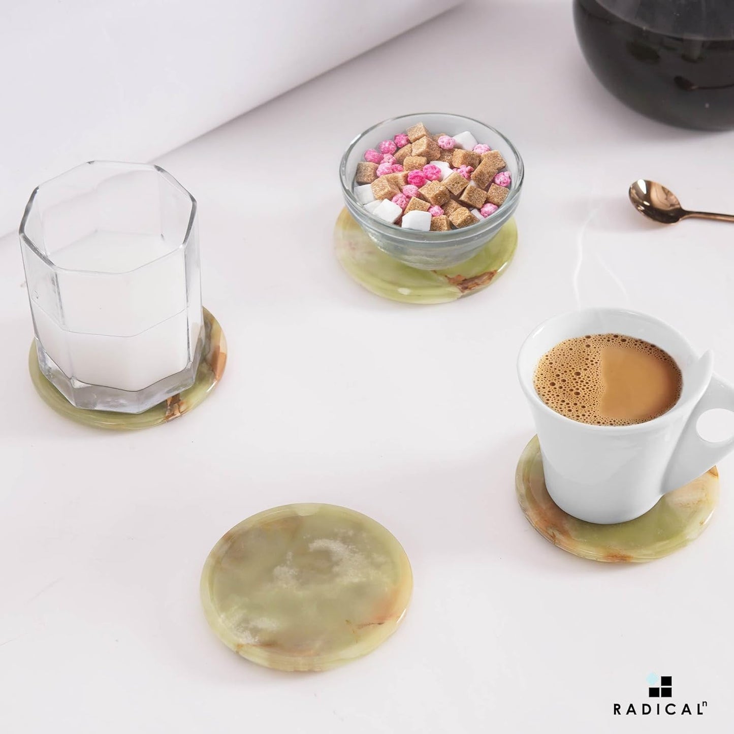 Marble Coasters Set of 6 Green Onyx 3.5 Inch Round Coaster for Drinks with Holder, Drink Coaster for Tabletop & Coffee Table Decor, Ideal Home Decor House Warming Gifts