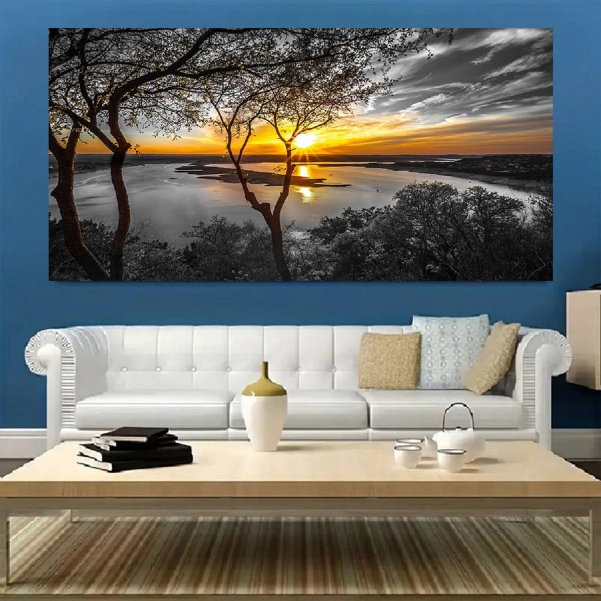 Bamdeya Large Wall Art Living Room Black and White Landscape Tree Canvas Wall Art Lake Print Art Forest Gold Sunset Poster Picture Natural Scenery Painting Bedroom Wall Decor Home Office Decorations