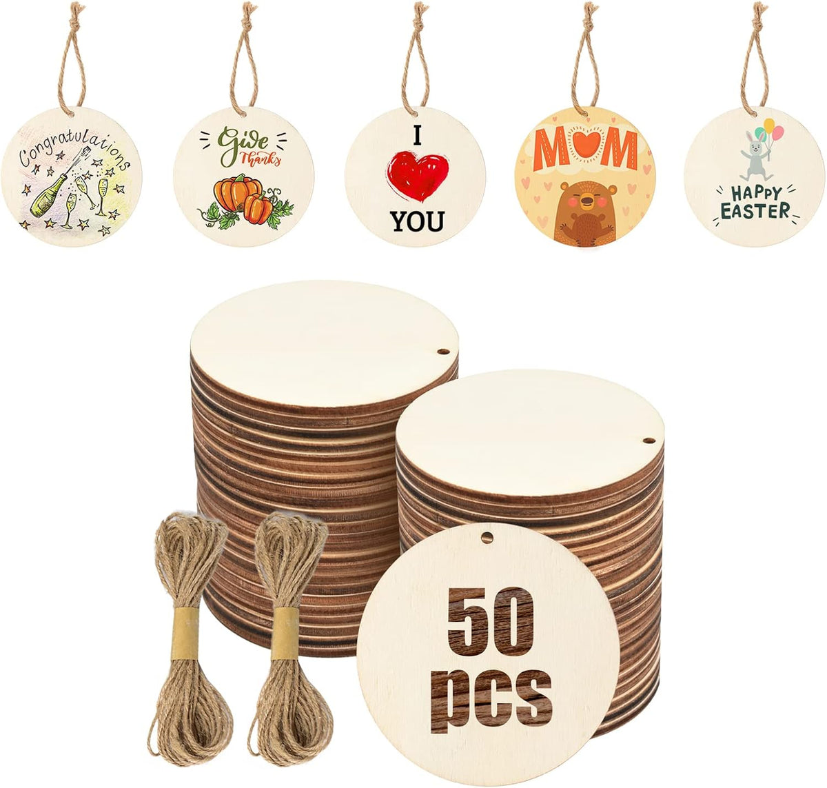 Unfinished Wooden Circles with Holes, 50Pcs 3 Inch Round Wood Tags Ornaments Blank Round Wooden Slices with Jute Twines for Sign Tags Christmas Home Party Hanging Decoration