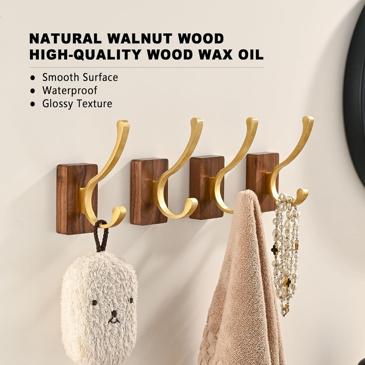2 Pack Wooden Wall Hooks for Hanging, Adhesive Mounted Wall Mounted Boho Decorative Nature Wood Coat Hook for Towel Clothes Blanket Hat Backpack Robe Nursery Door Board Entryway Key Holder Gold