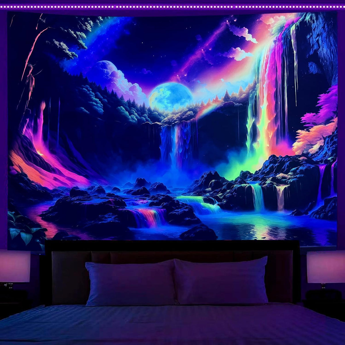 OSVINO Blacklight Rainbow Waterfall Tapestry 79"x59" UV Reactive Trippy Wall Hanging Rainbow Aesthetic Waterfall Wall Posters Bedroom Spiritual Room Decor
