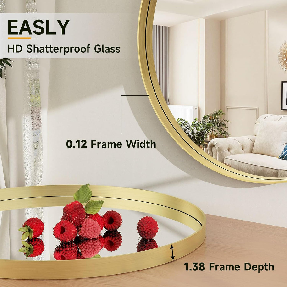 24 Inch Round Bathroom Mirror - Wall Mounted Circle Mirror with Metal Frame, Modern Mirror Suitable for Bathroom, Vanity, Entryway, Living Room, Wall Decor,Gold