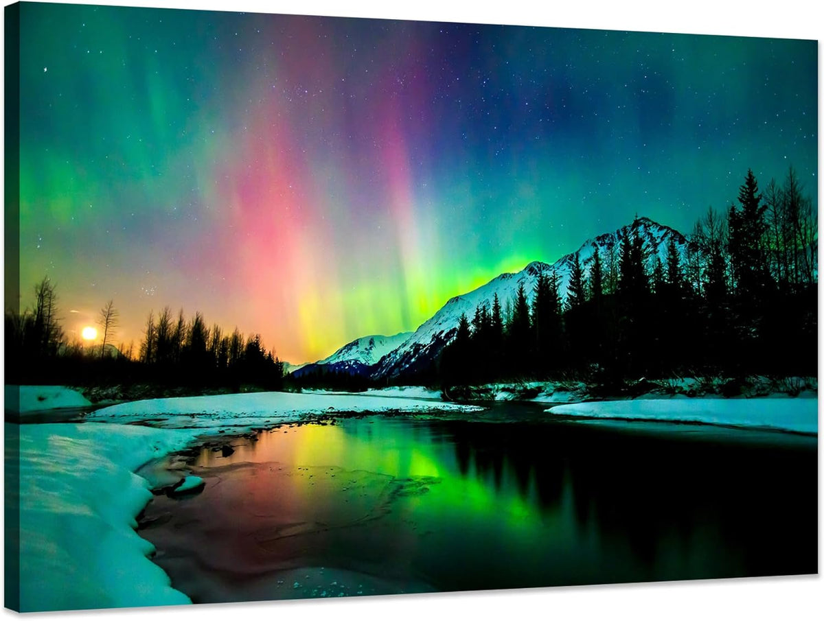 Aurora Borealis Canvas Wall Art Northern Lights Canvas Print Painting for Living Room Snowy-Mountains-Landscape Poster Picture Wooden Framed Prints Ready to Hang(16.00"x24.00")